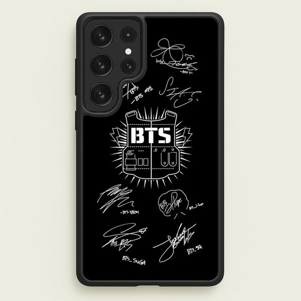 Black K-Pop Band Army Logo and Signatures  - BTS Phone Case for Galaxy S23 Ultra