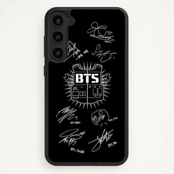 Black K-Pop Band Army Logo and Signatures  - BTS Phone Case for Galaxy S23