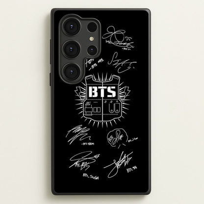 Black K-Pop Band Army Logo and Signatures  - BTS Phone Case for Galaxy S25 Ultra