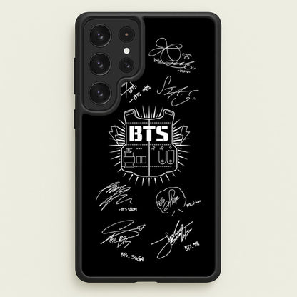 Black K-Pop Band Army Logo and Signatures  - BTS Phone Case for Galaxy S22 Ultra