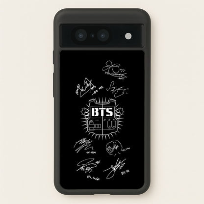 Black K-Pop Band Army Logo and Signatures  - BTS Phone Case for Google Pixel 8