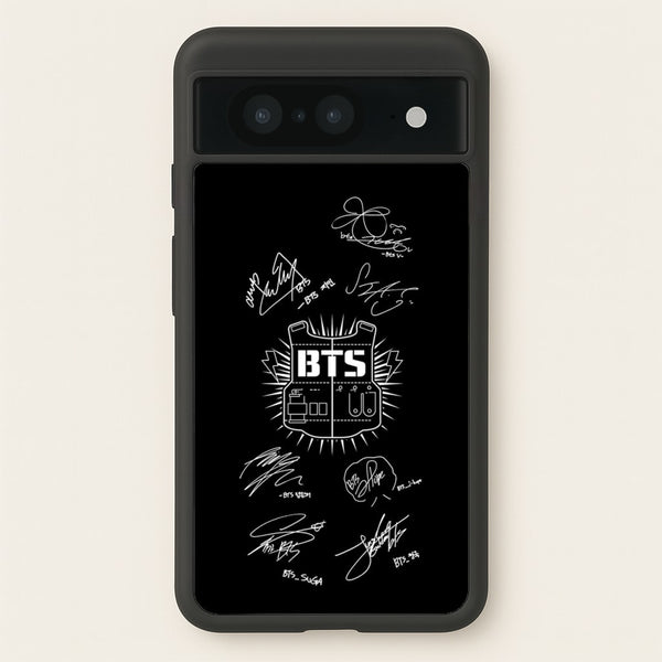 Black K-Pop Band Army Logo and Signatures  - BTS Phone Case for Google Pixel 8