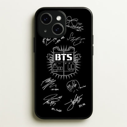 Black K-Pop Band Army Logo and Signatures  - BTS Phone Case for iPhone 15