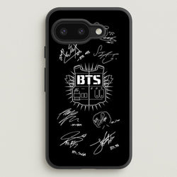 Black K-Pop Band Army Logo and Signatures  - BTS Phone Case for Google Pixel 9a