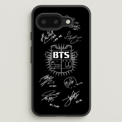 Black K-Pop Band Army Logo and Signatures  - BTS Phone Case for Google Pixel 9a