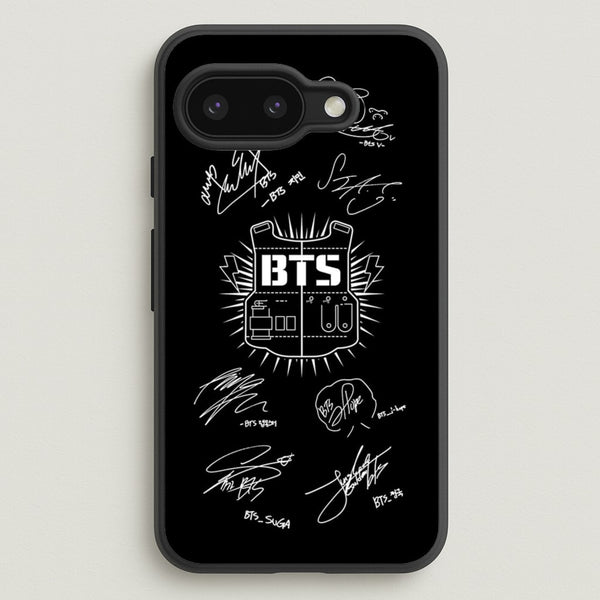 Black K-Pop Band Army Logo and Signatures  - BTS Phone Case for Google Pixel 9a