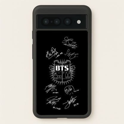 Black K-Pop Band Army Logo and Signatures  - BTS Phone Case for Google Pixel 7 Pro