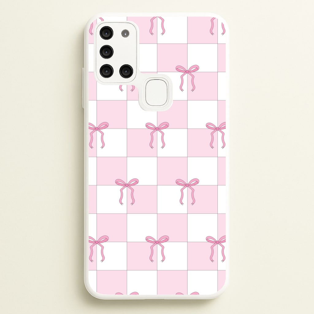 Checkered Pink Coquette Bows   - Clean Girl Aesthetic Phone Case for Galaxy A21s