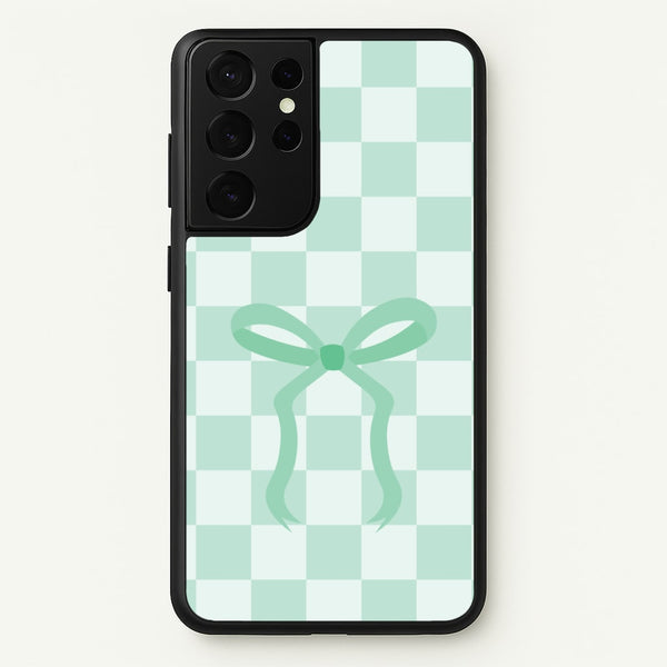Checkered Coquette Bow Cyan  - Clean Girl Aesthetic Phone Case for Galaxy S21 Ultra