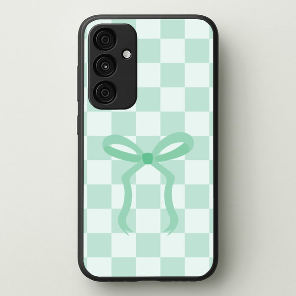 Checkered Coquette Bow Cyan  - Clean Girl Aesthetic Phone Case for Galaxy A55