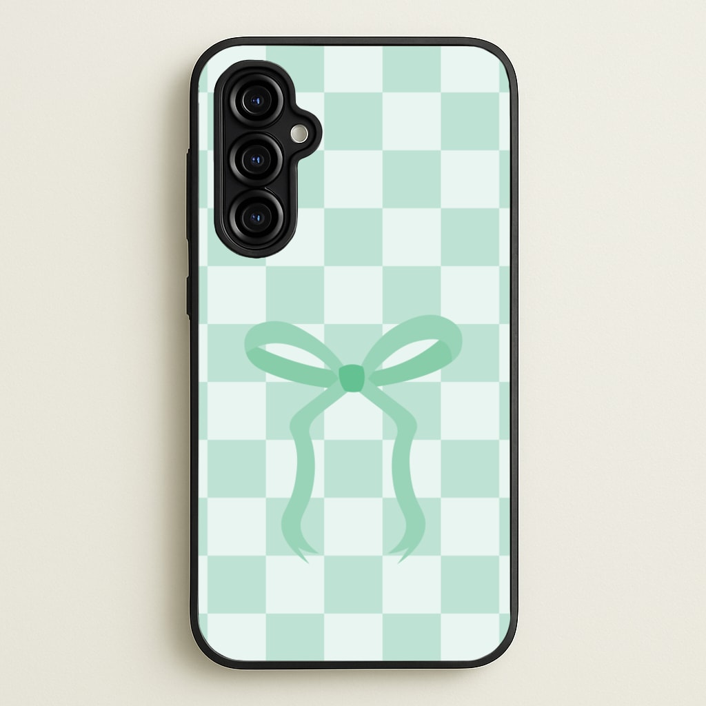 Checkered Coquette Bow Cyan  - Clean Girl Aesthetic Phone Case for Galaxy A54