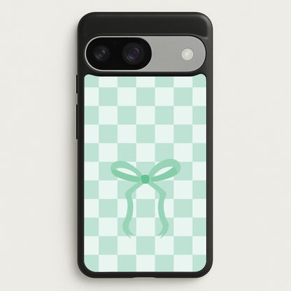 Checkered Coquette Bow Cyan  - Clean Girl Aesthetic Phone Case for Google Pixel 9 / 9 Pro