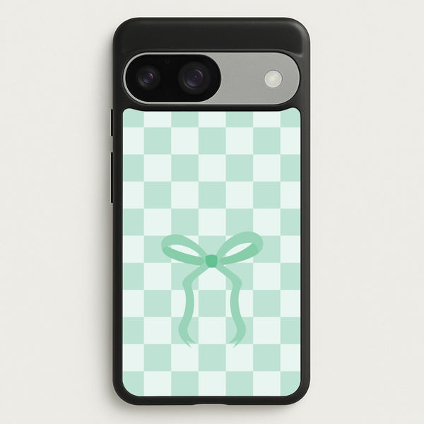 Checkered Coquette Bow Cyan  - Clean Girl Aesthetic Phone Case for Google Pixel 9 / 9 Pro