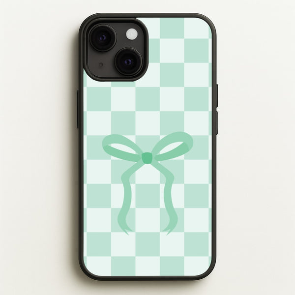Checkered Coquette Bow Cyan  - Clean Girl Aesthetic Phone Case for iPhone 13 Mini