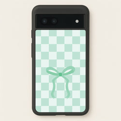 Checkered Coquette Bow Cyan  - Clean Girl Aesthetic Phone Case for Google Pixel 6a