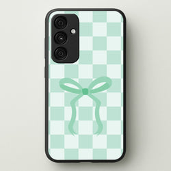 Checkered Coquette Bow Cyan  - Clean Girl Aesthetic Phone Case for Galaxy A35