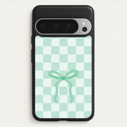 Checkered Coquette Bow Cyan  - Clean Girl Aesthetic Phone Case for Google Pixel 9 Pro XL