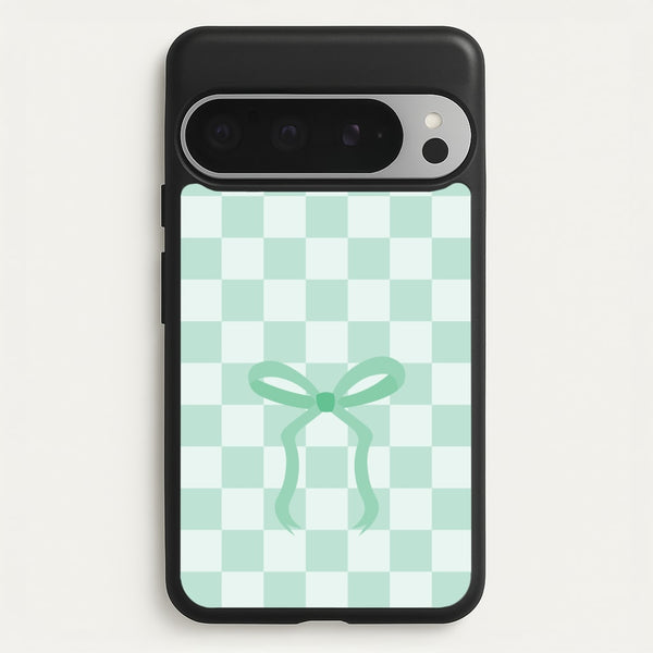Checkered Coquette Bow Cyan  - Clean Girl Aesthetic Phone Case for Google Pixel 9 Pro XL