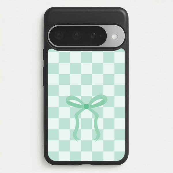 Checkered Coquette Bow Cyan Phone Case for Google Pixel 10 Pro XL