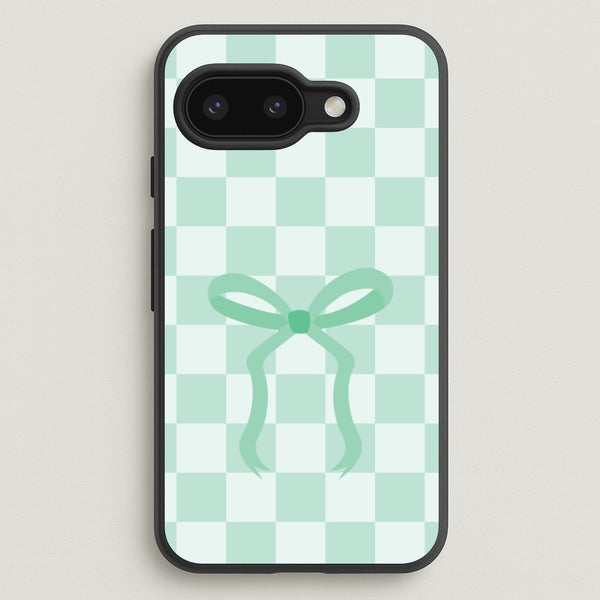 Checkered Coquette Bow Cyan  - Clean Girl Aesthetic Phone Case for Google Pixel 9a
