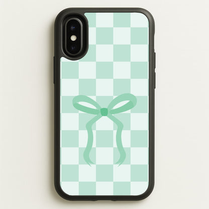Checkered Coquette Bow Cyan  - Clean Girl Aesthetic Phone Case for iPhone X / XS