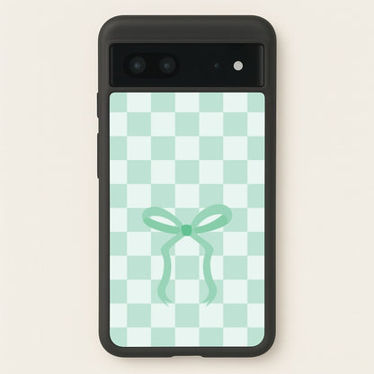Checkered Coquette Bow Cyan  - Clean Girl Aesthetic Phone Case for Google Pixel 7