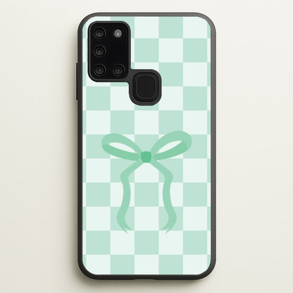 Checkered Coquette Bow Cyan  - Clean Girl Aesthetic Phone Case for Galaxy A21s