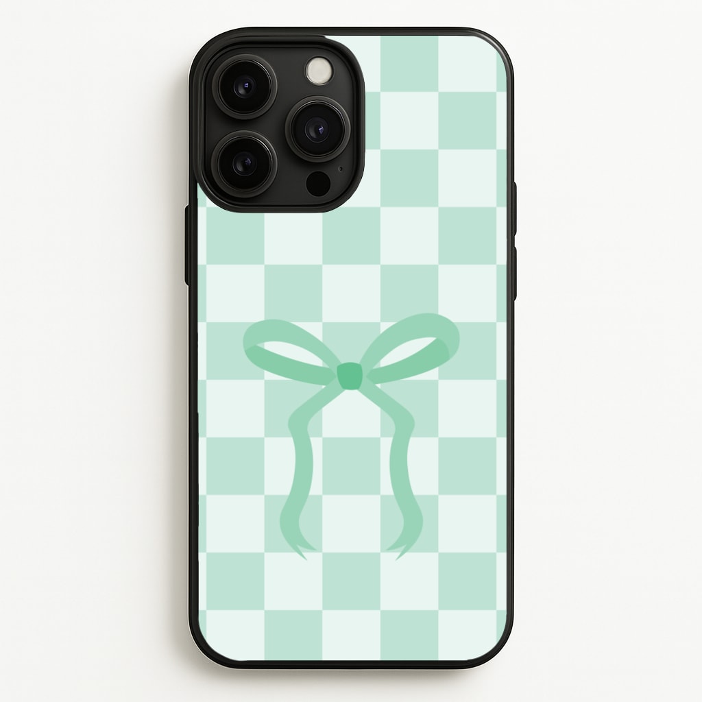 Checkered Coquette Bow Cyan  - Clean Girl Aesthetic Phone Case for iPhone 13 Pro Max
