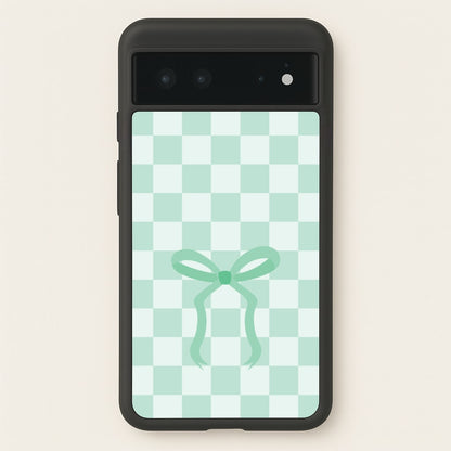 Checkered Coquette Bow Cyan  - Clean Girl Aesthetic Phone Case for Google Pixel 6