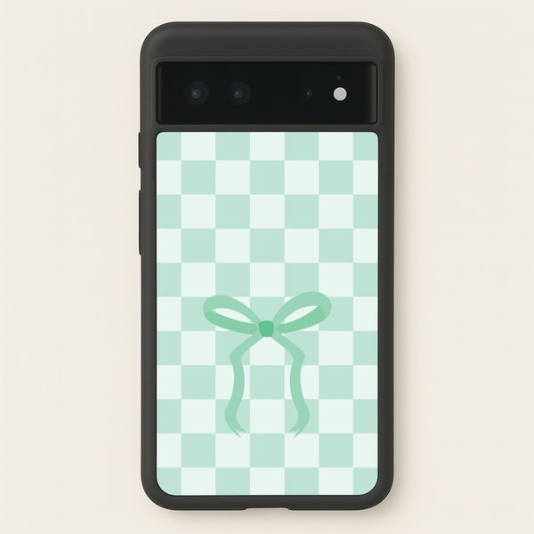 Checkered Coquette Bow Cyan  - Clean Girl Aesthetic Phone Case for Google Pixel 6