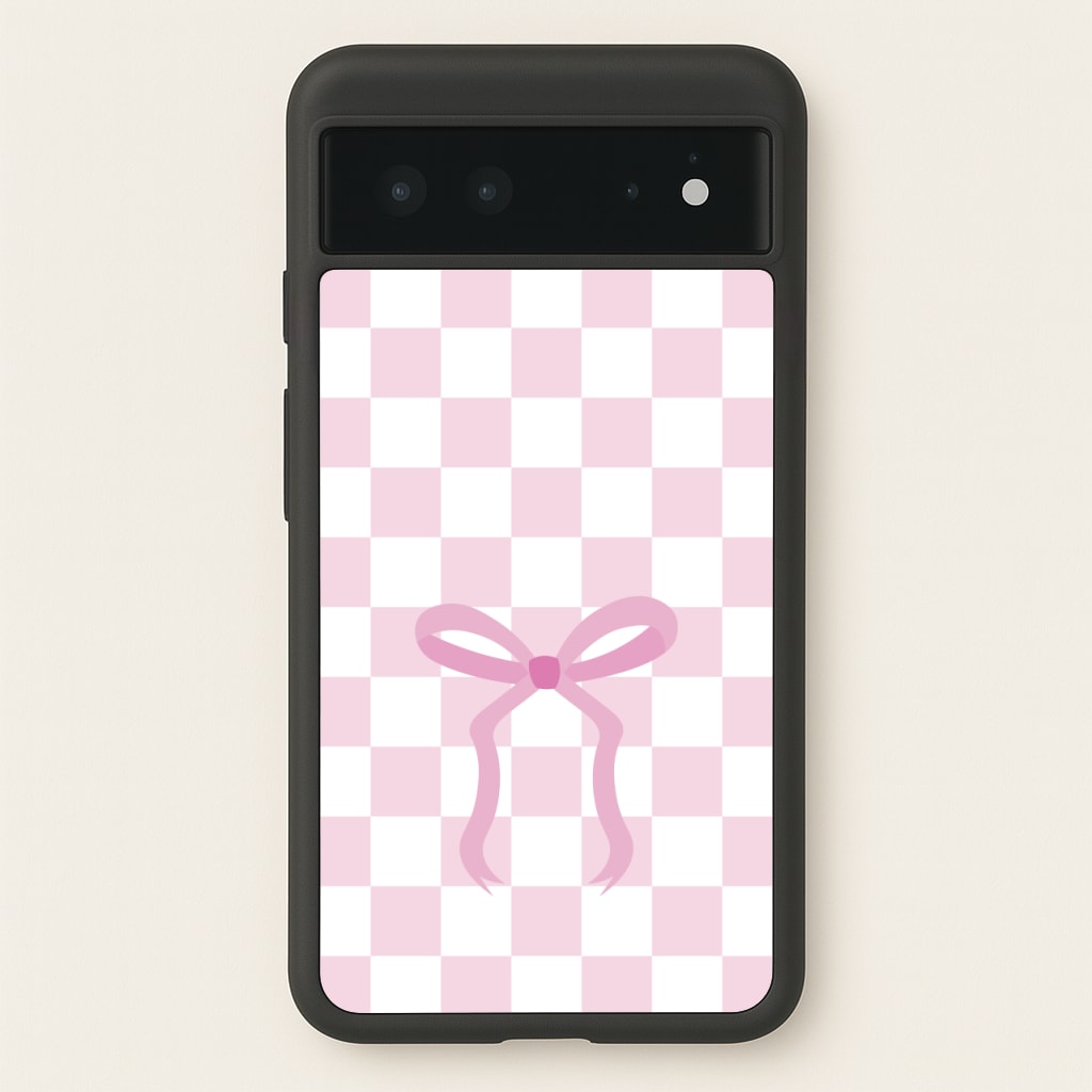 Checkered Coquette Bow Pink  - Clean Girl Aesthetic Phone Case for Google Pixel 6