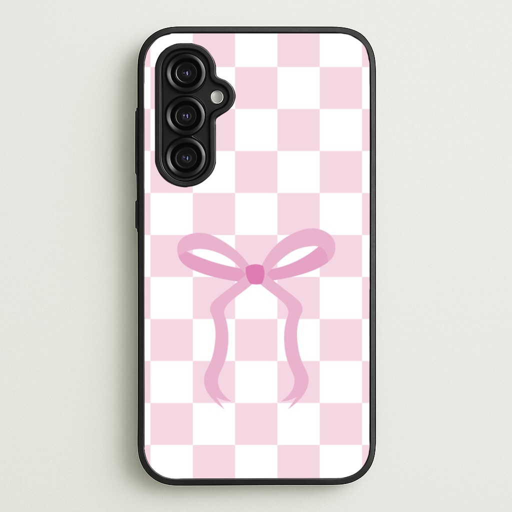 Checkered Coquette Bow Pink  - Clean Girl Aesthetic Phone Case for Galaxy A14