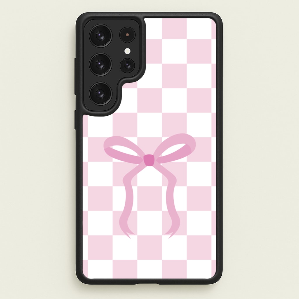 Checkered Coquette Bow Pink  - Clean Girl Aesthetic Phone Case for Galaxy S22 Ultra