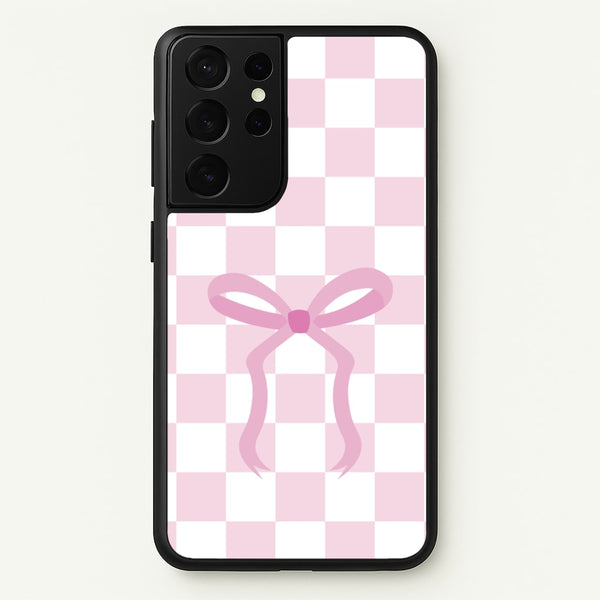 Checkered Coquette Bow Pink  - Clean Girl Aesthetic Phone Case for Galaxy S21 Ultra