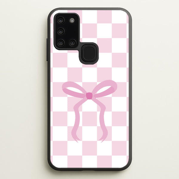 Checkered Coquette Bow Pink  - Clean Girl Aesthetic Phone Case for Galaxy A21s