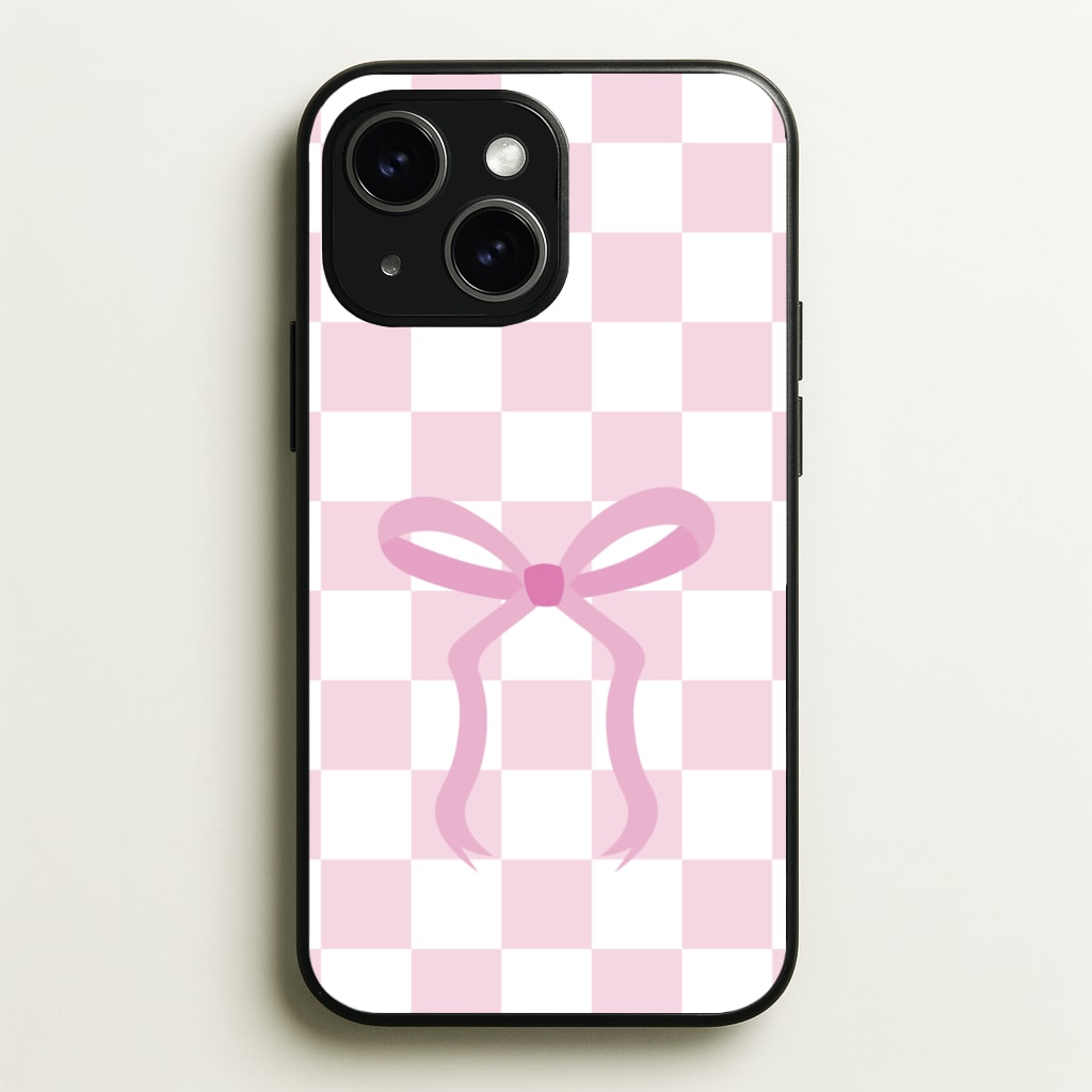 Checkered Coquette Bow Pink  - Clean Girl Aesthetic Phone Case for iPhone 14