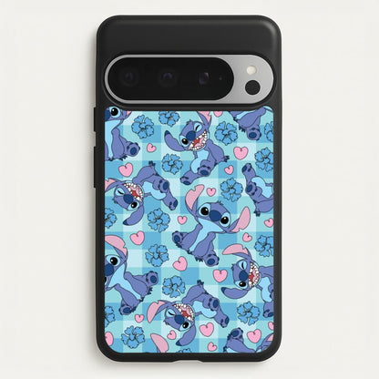 Blue Alien And Hearts Pattern  - Disney Phone Case for Google Pixel 9 Pro XL