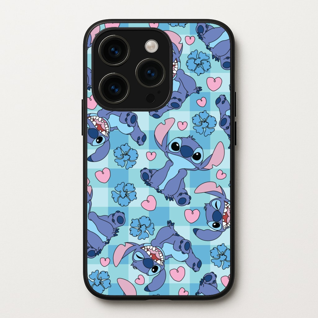 Blue Alien And Hearts Pattern  - Disney Phone Case for iPhone 15 Pro Max