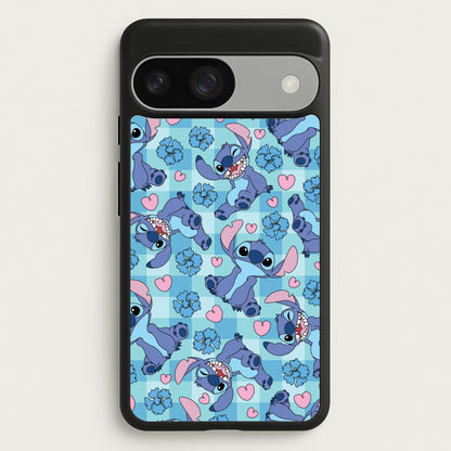 Blue Alien And Hearts Pattern  - Disney Phone Case for Google Pixel 9 / 9 Pro