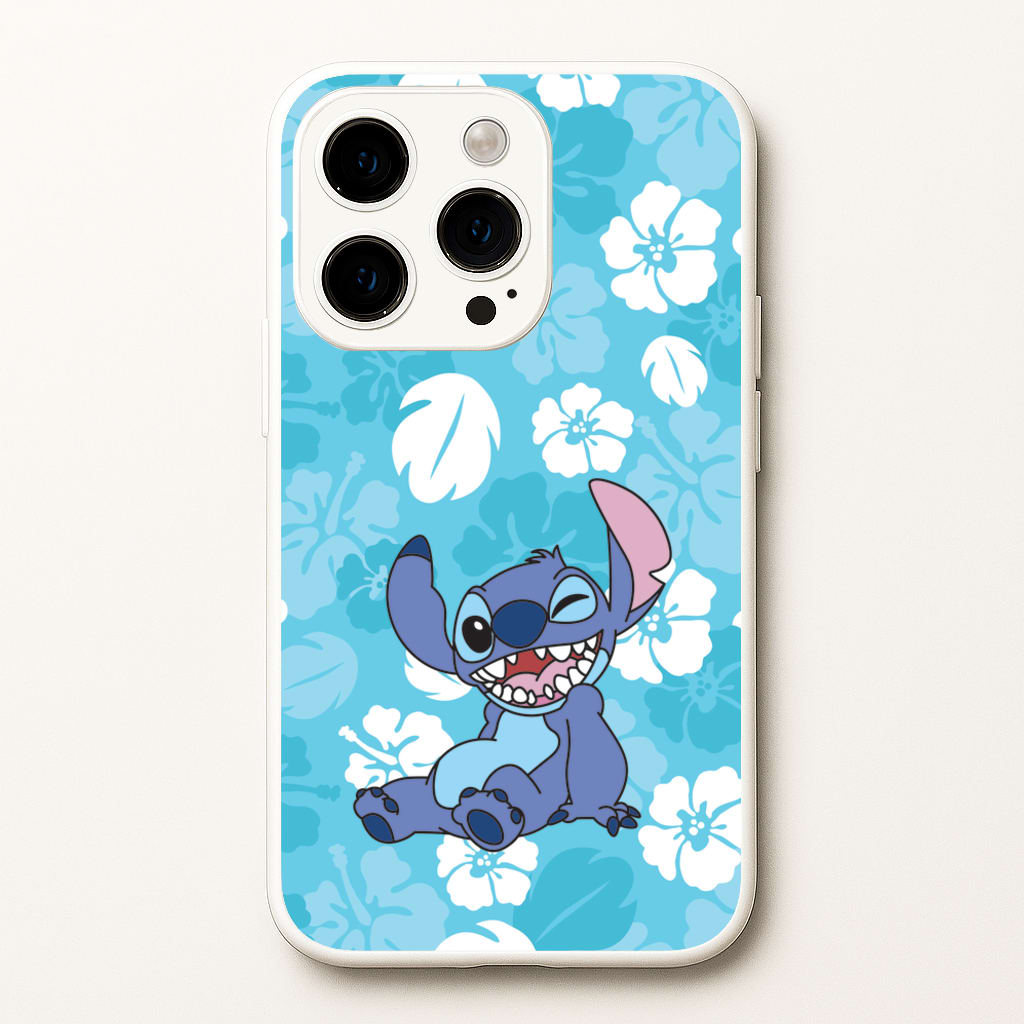 Cute Blue Alien Floral Pattern  - Stitch Phone Case for iPhone 15 Pro Max