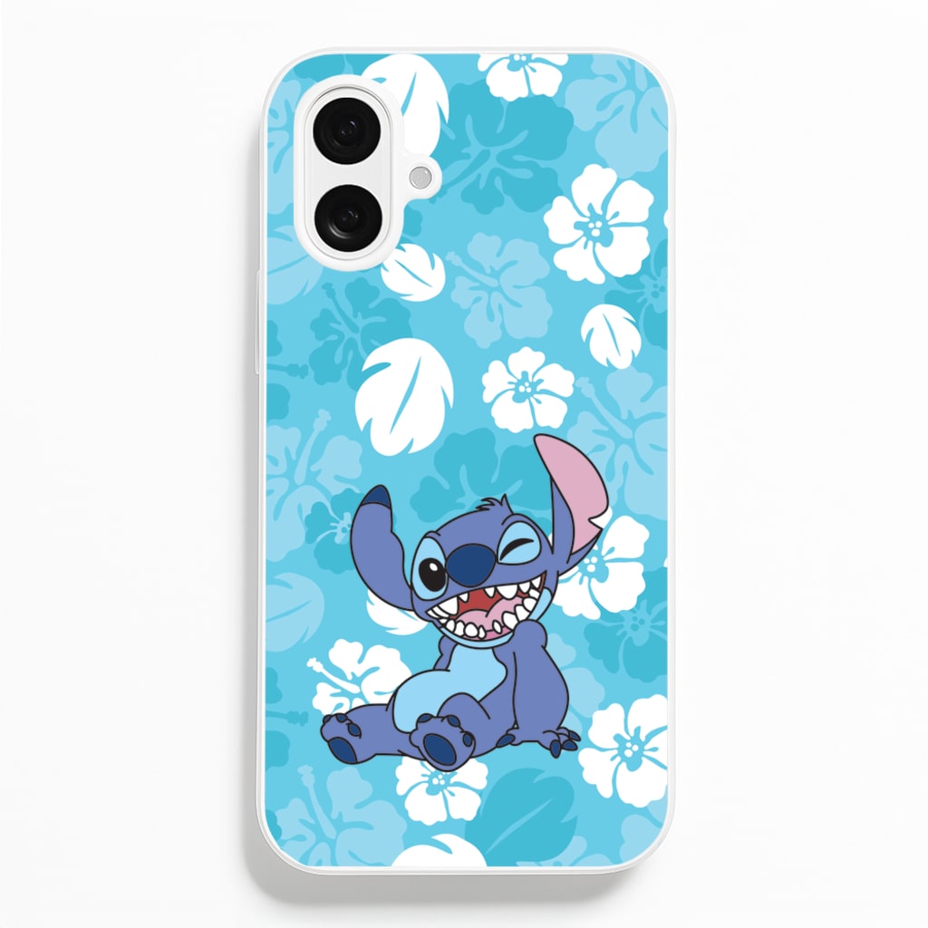 Cute Blue Alien Floral Pattern  - Stitch Phone Case for iPhone 16 Plus