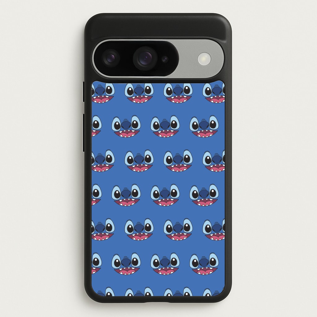 Blue Alien Face Pattern Phone Case for Google Pixel 10 / 10 Pro