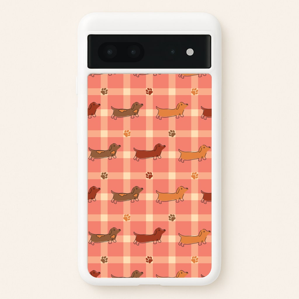 Tartan Dachshunds And Paws Pattern  - Dog Patterns Phone Case for Google Pixel 7