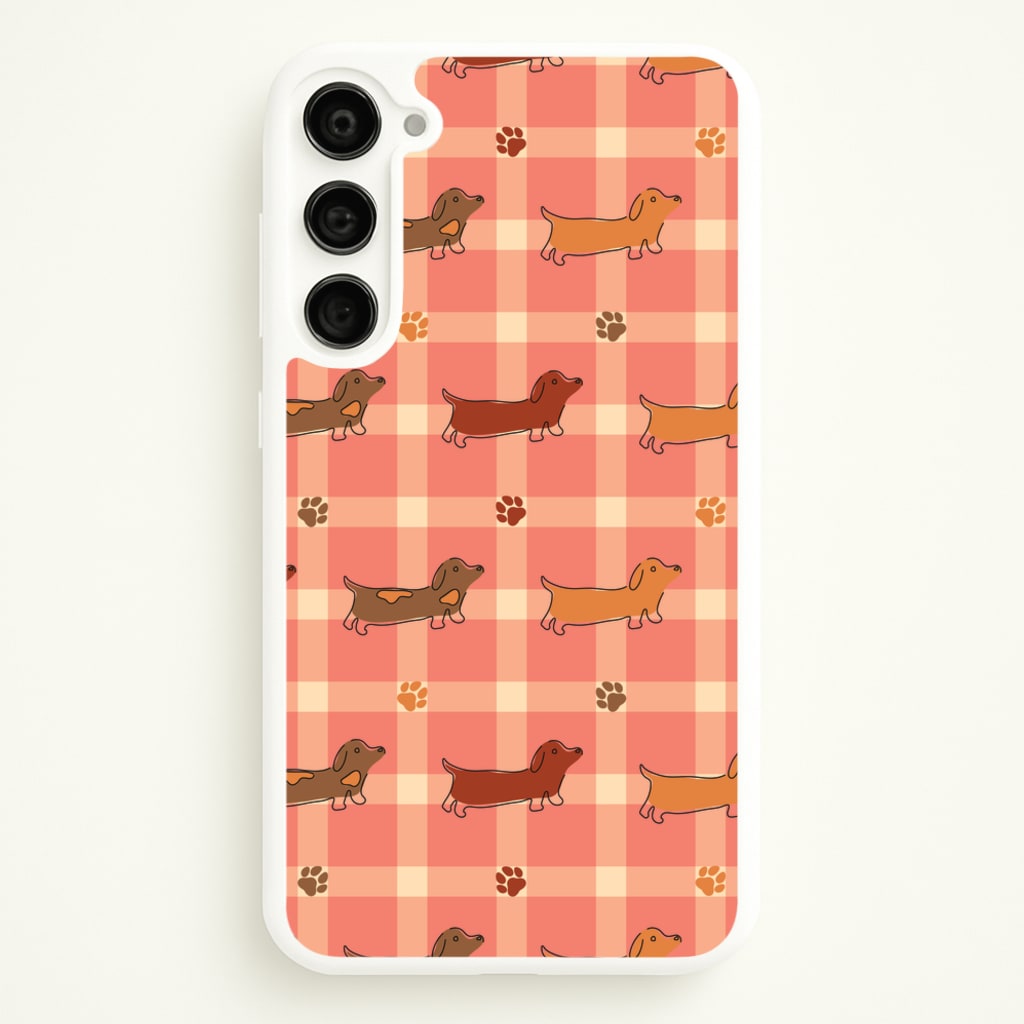 Tartan Dachshunds And Paws Pattern  - Dog Patterns Phone Case for Galaxy S23 Plus
