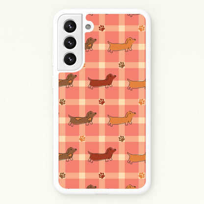 Tartan Dachshunds And Paws Pattern  - Dog Patterns Phone Case for Galaxy S21