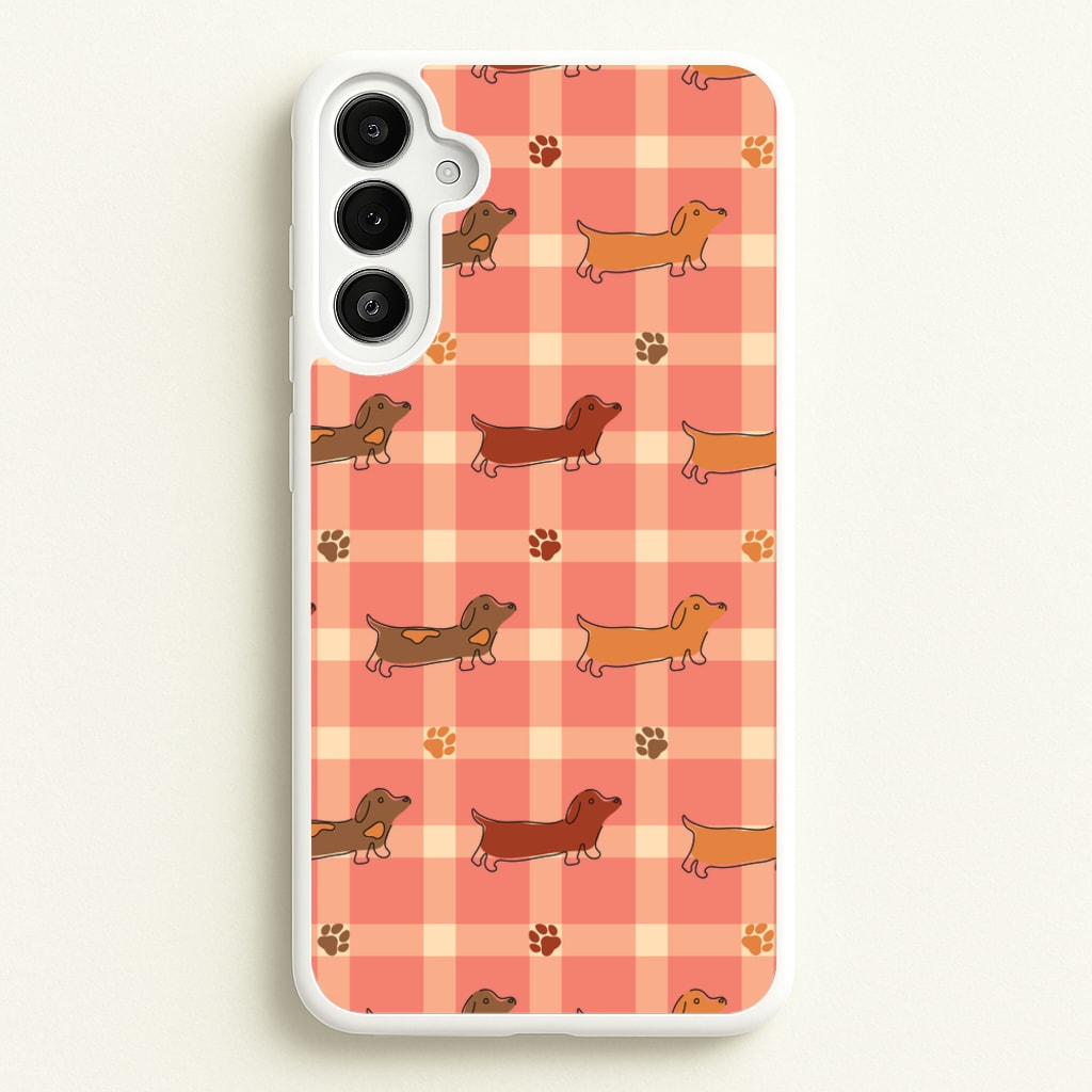 Tartan Dachshunds And Paws Pattern  - Dog Patterns Phone Case for Galaxy A34