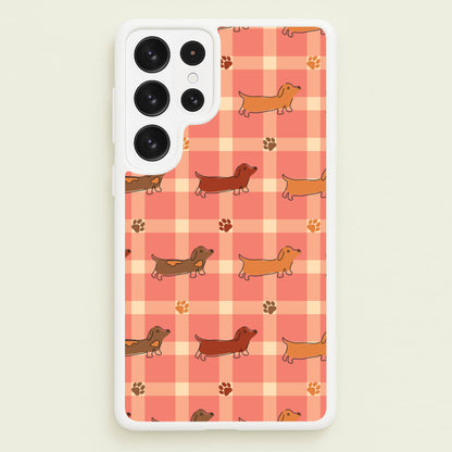 Tartan Dachshunds And Paws Pattern  - Dog Patterns Phone Case for Galaxy S22 Ultra