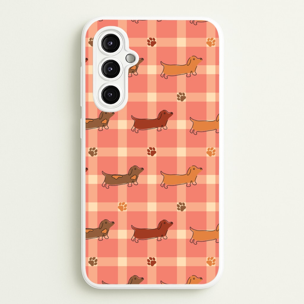 Tartan Dachshunds And Paws Pattern  - Dog Patterns Phone Case for Galaxy A14