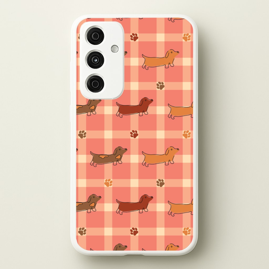Tartan Dachshunds And Paws Pattern  - Dog Patterns Phone Case for Galaxy A35