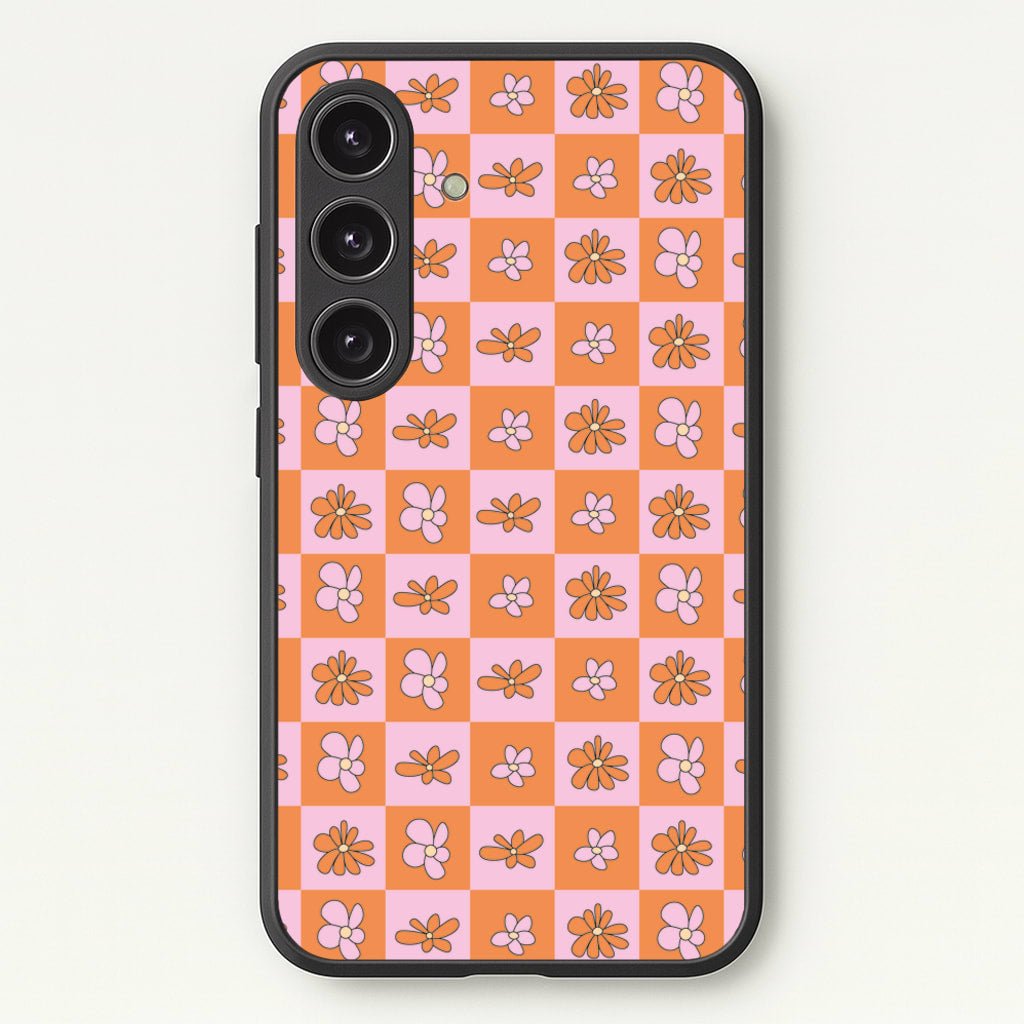 Orange And Pink Checked - Floral Patterns  - Floral Patterns Phone Case for Galaxy S24